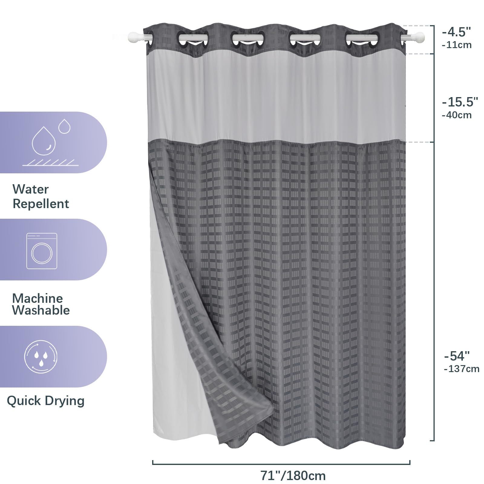 Luxury No Hook Needed Check Design Dyeing Fabric Bathroom Curtains Waterproof Solid Color Jacquard Hookless Shower Curtain with Snap in Liner 
