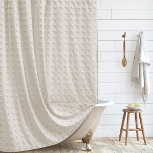 Modern Farmhouse Minimalist Beige Tufted Pleated Floral Puff Texture Woven Fabric Cute Shower Curtains for Bathroom