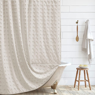 Modern Farmhouse Minimalist Beige Tufted Pleated Floral Puff Texture Woven Fabric Cute Shower Curtains for Bathroom
