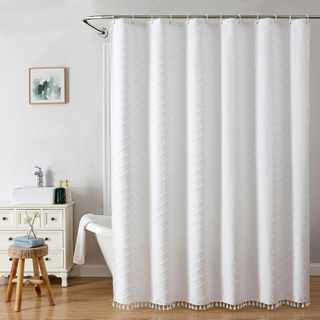 Hot Sale Boho Clipped Waterproof Wholesale Custom Polyester Fabric Shower Curtains with Tassels for Bathroom Decor