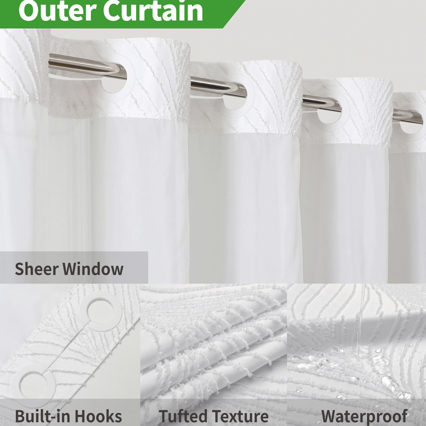 Hookless Large Buckles Leaf Cutting Replaceable Inner Bathroom Curtains Waterproof Transparent Window Screens Hotel Curtains