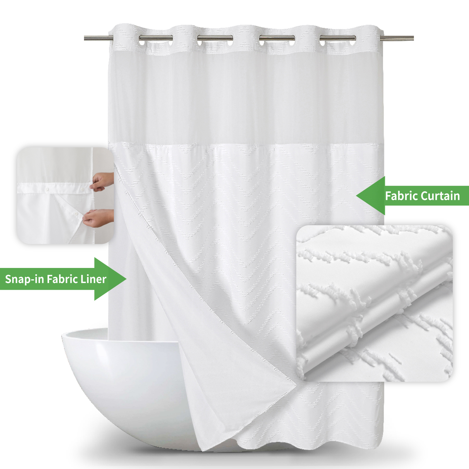 Hot sale hookless bohemian fabric shower curtains W-shaped striped texture shower curtain for bathroom waterproof