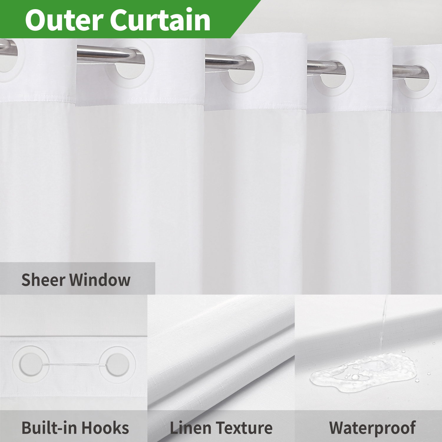 Hookless Bamboo Textured Shower Curtain with Embedded PEVA Lining Set with Transparent Window Waterproof Hotel Shower Curtain