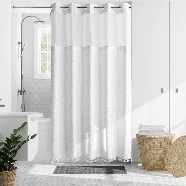 Boho Style Hookless Shower Curtains Waterproof No Hook Required Double Layer Bath Curtain with Snap in Liner for Bathroom