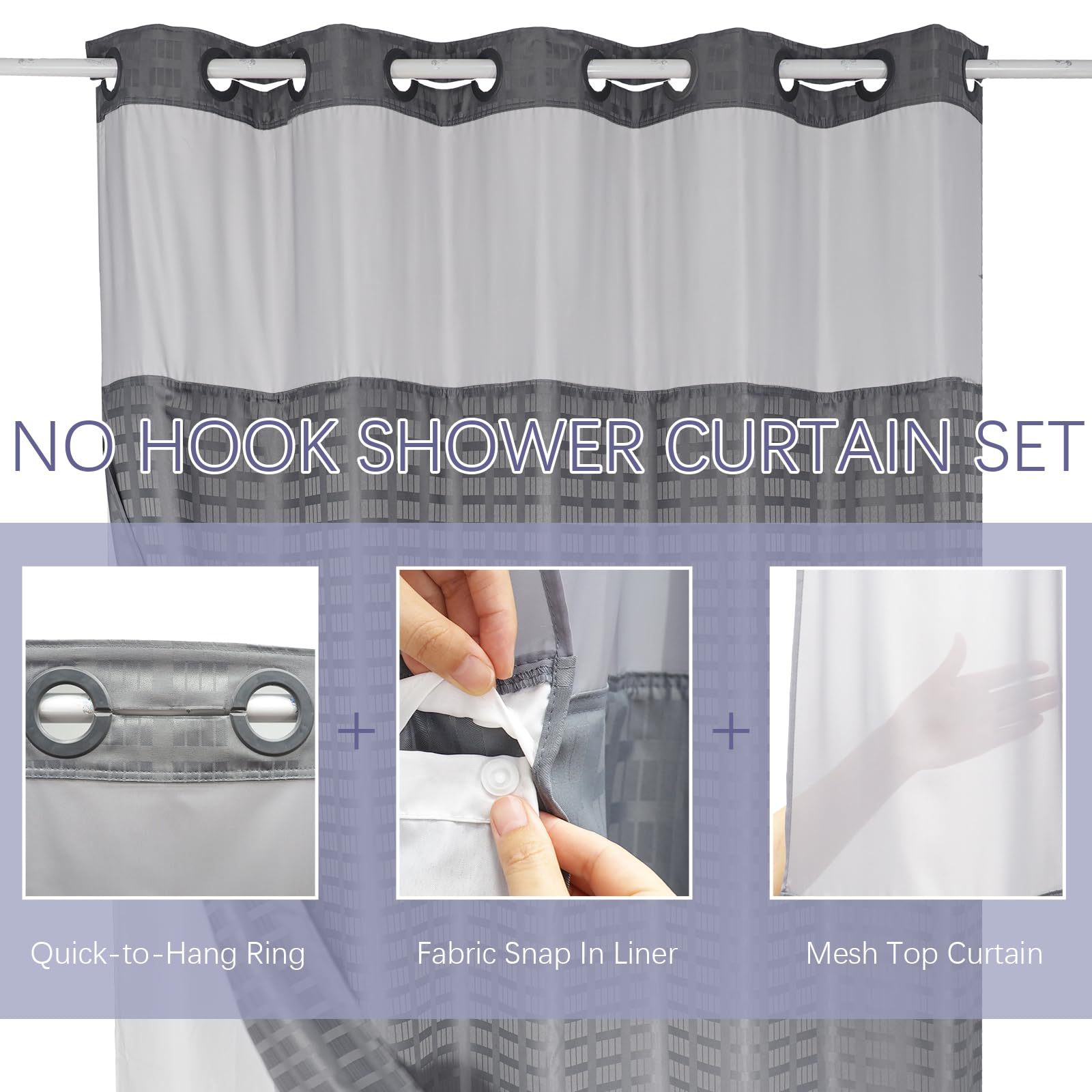 Luxury No Hook Needed Check Design Dyeing Fabric Bathroom Curtains Waterproof Solid Color Jacquard Hookless Shower Curtain with Snap in Liner 