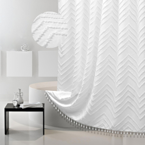 New Arrival Modern Boho Waterproof Chic Textured Woven Fabric Bath Curtains Tufted Chevron Striped Shower Curtains with Tassel for Bathroom