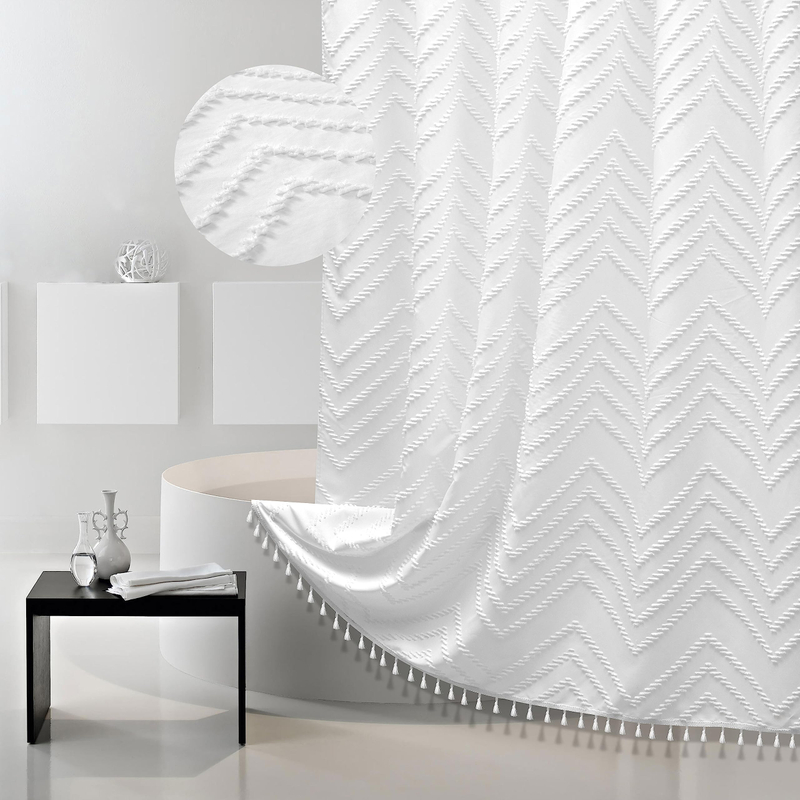 New Arrival Modern Boho Waterproof Chic Textured Woven Fabric Bath Curtains Tufted Chevron Striped Shower Curtains with Tassel for Bathroom
