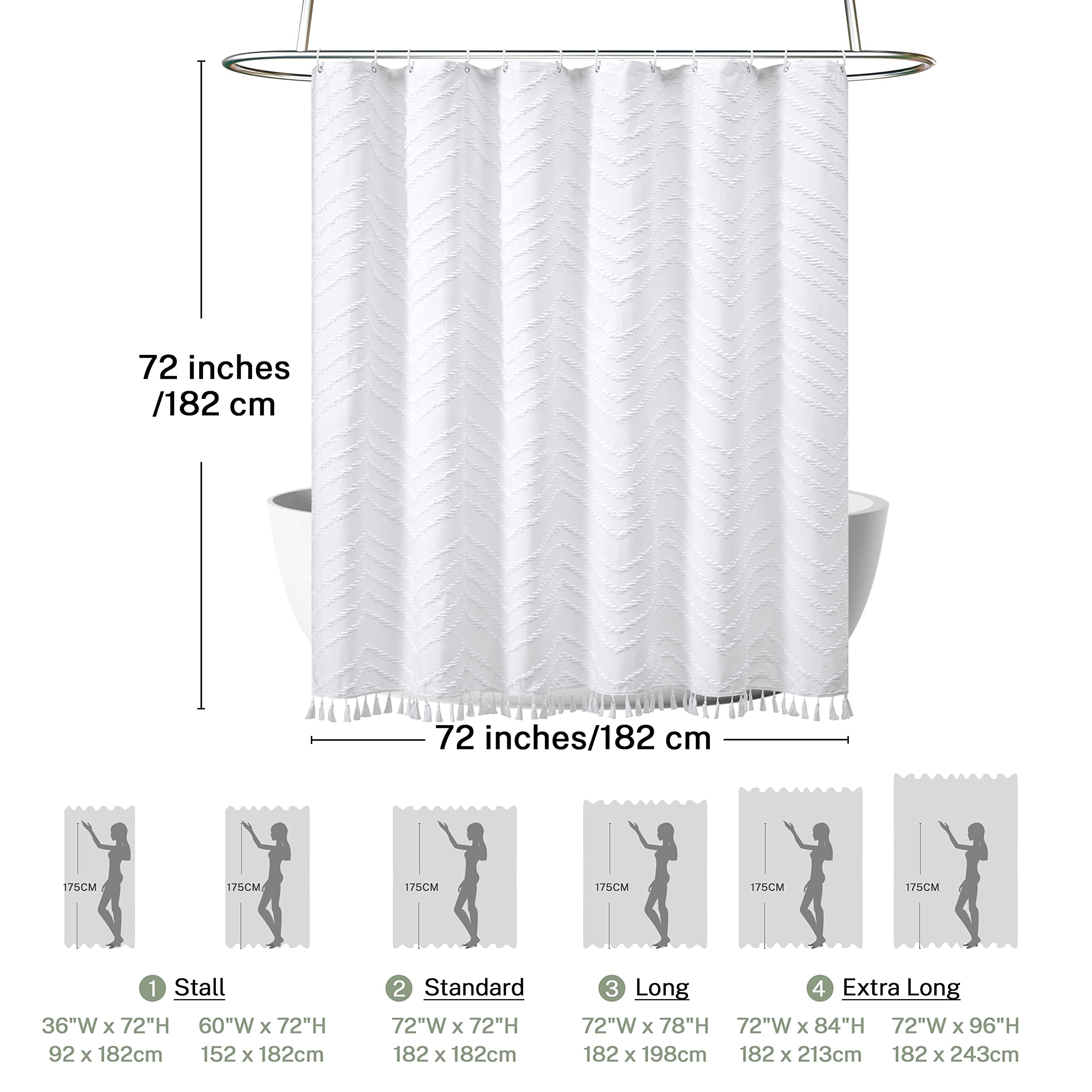 New Arrival Modern Boho Waterproof Chic Textured Woven Fabric Bath Curtains Tufted Chevron Striped Shower Curtains with Tassel for Bathroom