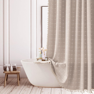Modern Boho Farmhouse Style Chic Texture Heavy Duty Linen Fabric Shower Curtains Waterproof and Mold Proof Design Custom Bath Curtain with Tassel