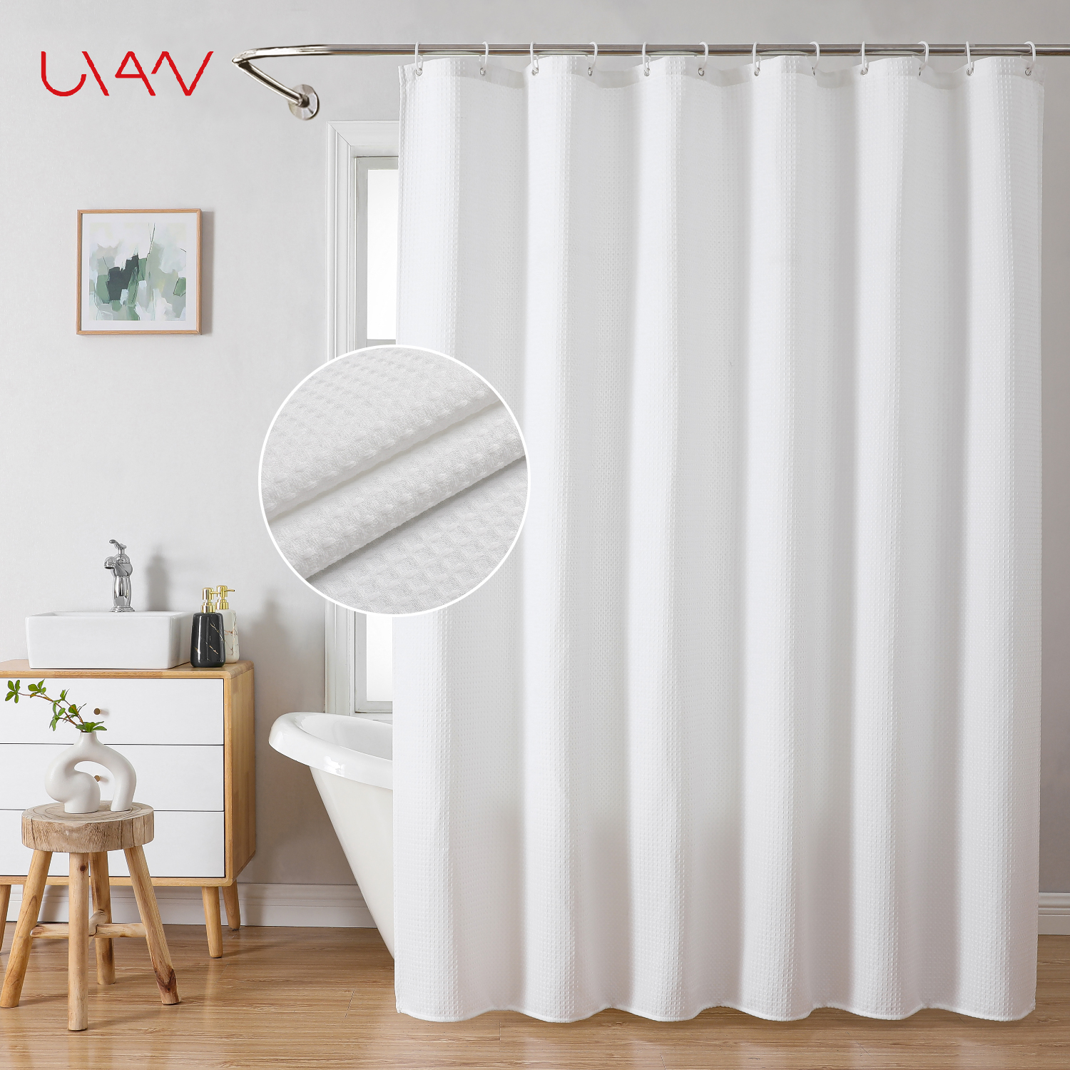 Ready Made Hotel Quality Waterproof Bathroom Curtain White Mildew Resistant Waffle Weave Fabric Shower Curtains with Hooks