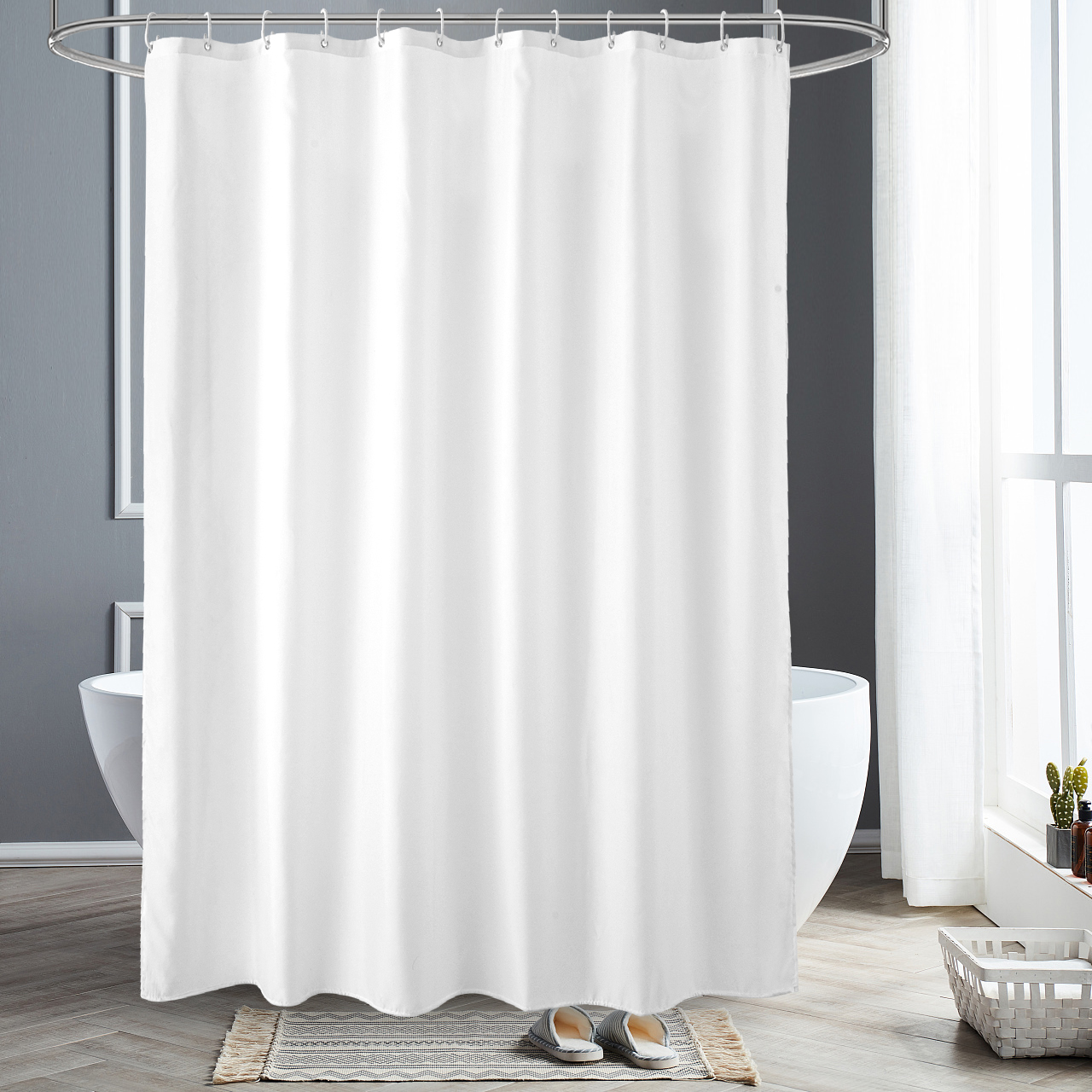 Ready To Ship Polyester Shower Curtain Waterproof Pongee Shower Curtain with Hooks