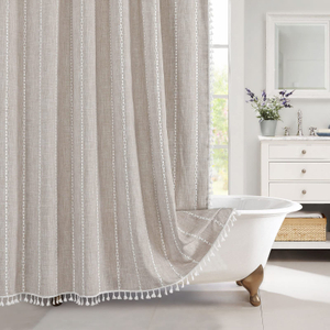 Bohemian Linen Striped Fabric Shower Curtain Set with Tassels Thick Shower Curtain for Bathroom Waterproof with Hook