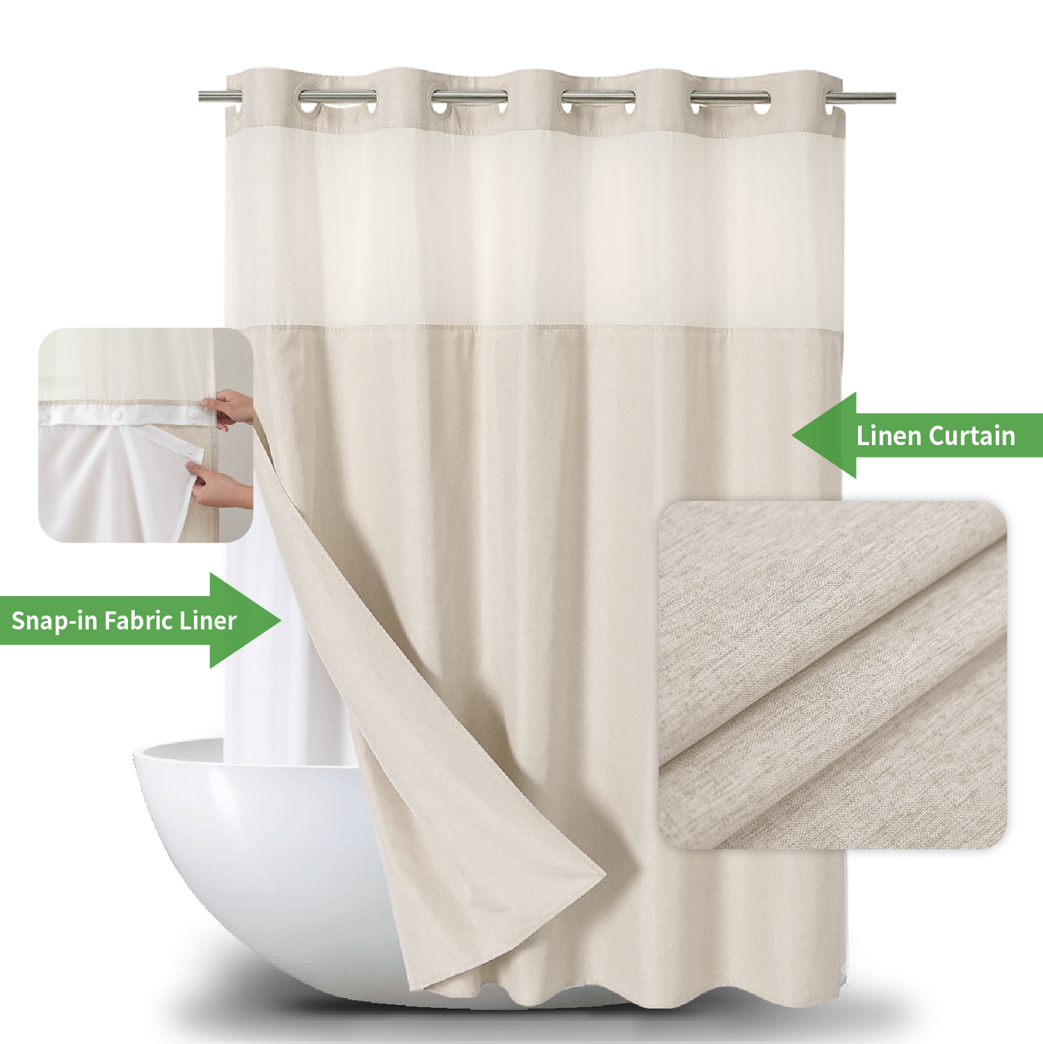 Minimalist Hookless Linen Hotel Shower Curtain with Inner Lining Cationic Linen Bathroom Curtain Set Waterproof