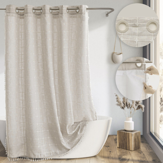 Modern Farmhouse Waterproof Hookless Boho Linen Fabric Checked Shower Curtain with Tassels