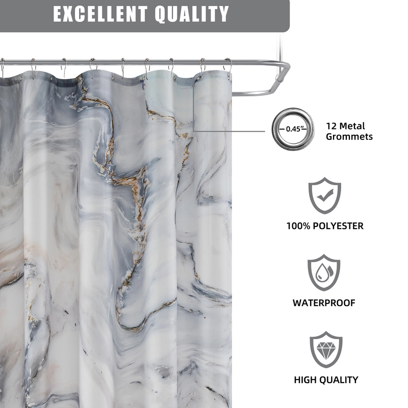 Hot Sale Designer 100polyester Digital Printing Gray Gold Marble Shower Curtain Printed Waterproof with Hooks
