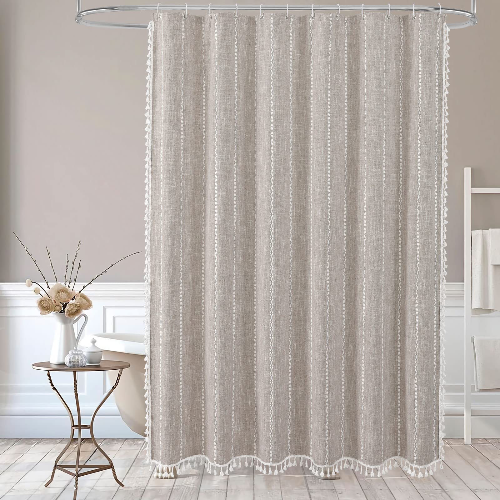 Bohemian Linen Striped Fabric Shower Curtain Set with Tassels Thick Shower Curtain for Bathroom Waterproof with Hook