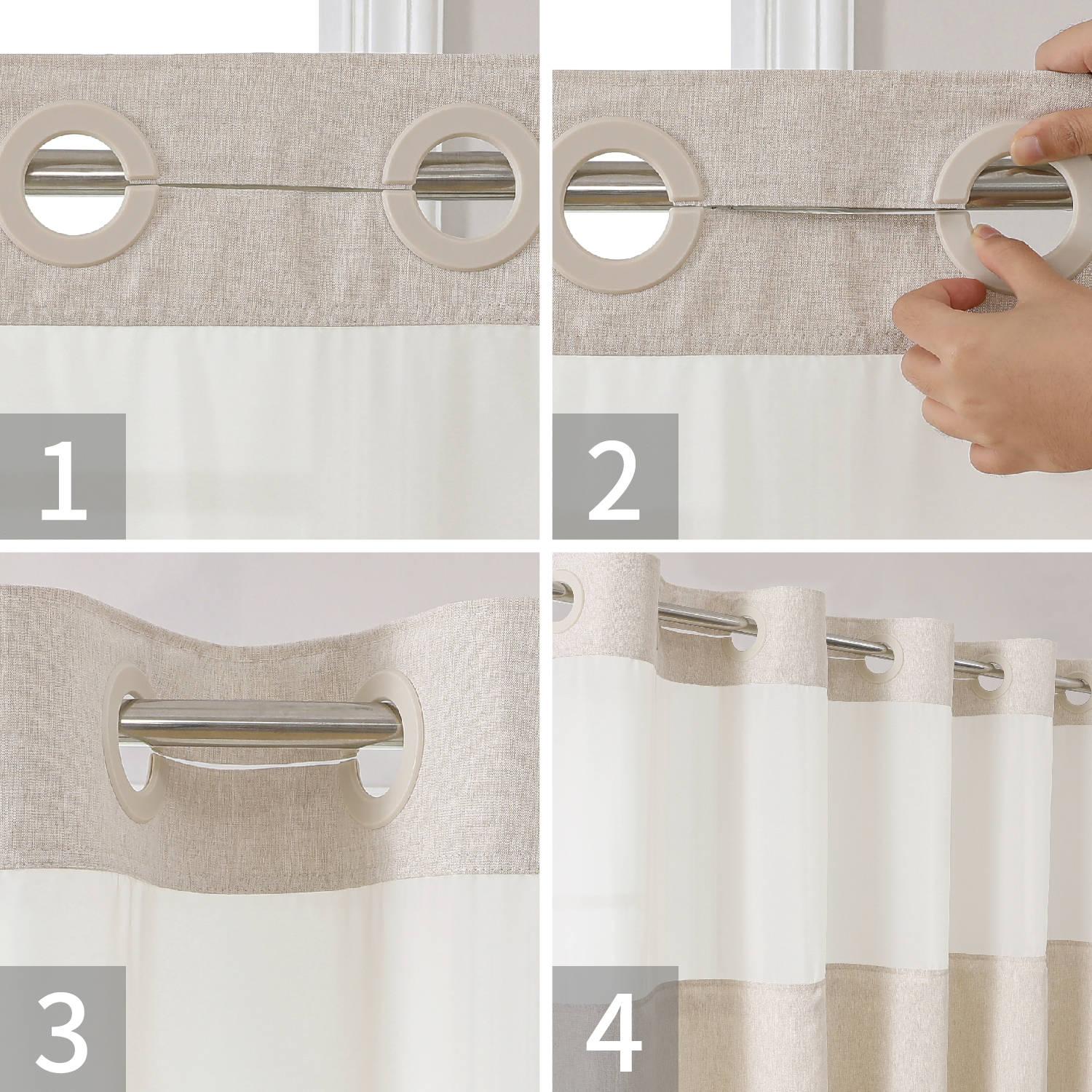 Minimalist Hookless Linen Hotel Shower Curtain with Inner Lining Cationic Linen Bathroom Curtain Set Waterproof