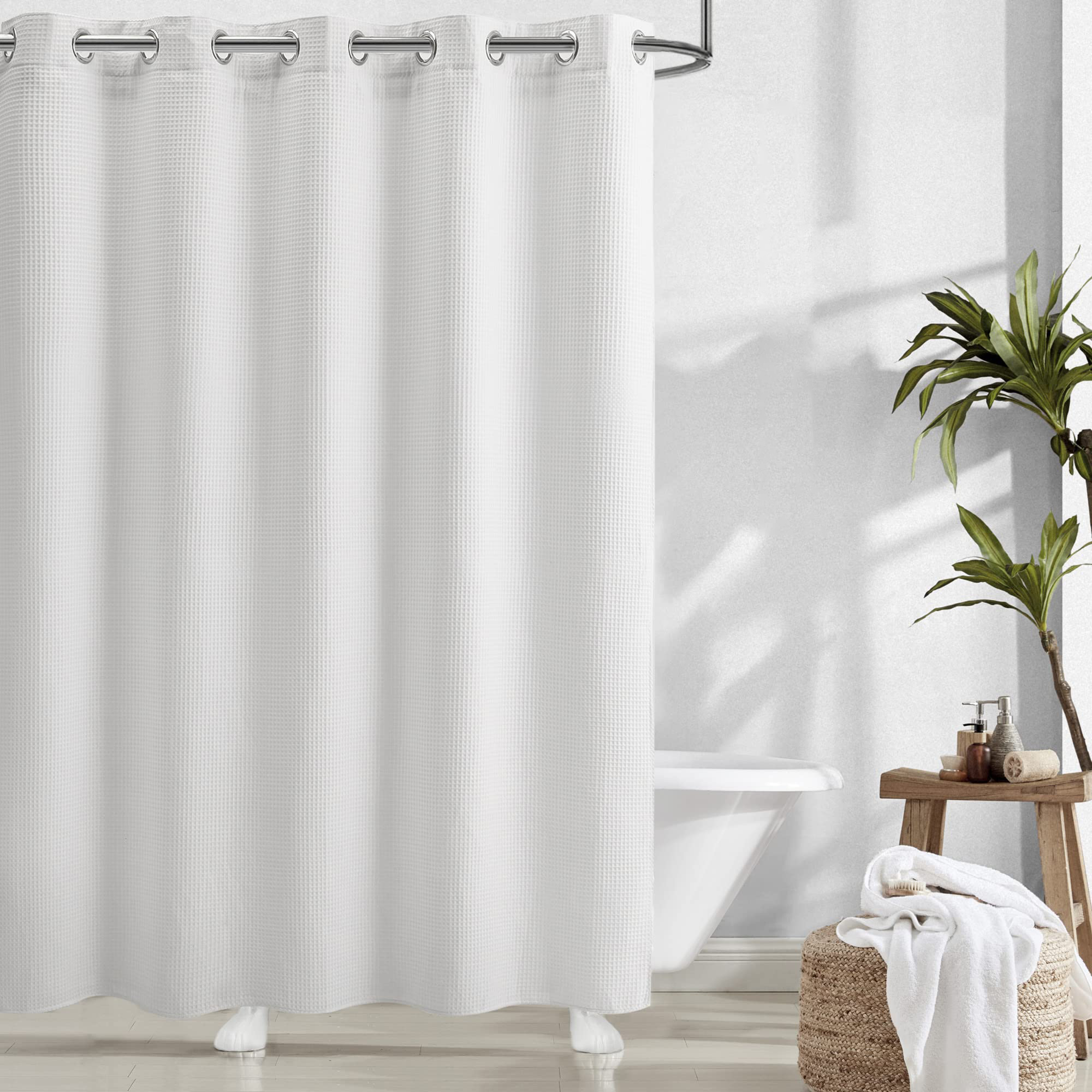 Hookless Waterproof Shower Curtain Set with Embedded Lining Modern Waffle Woven Fabric Hotel Bathroom Shower Curtain