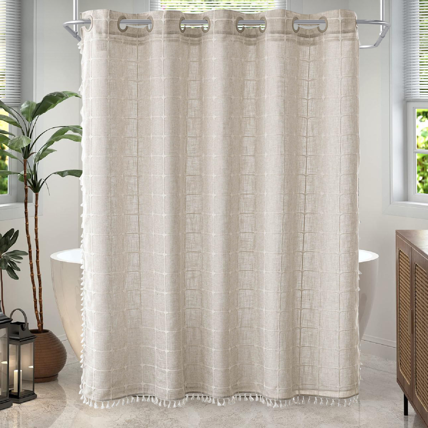 Modern Farmhouse Waterproof Hookless Boho Linen Fabric Checked Shower Curtain with Tassels