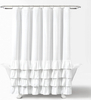 Amazon Hot Selling Waterproof Boho Farmhouse White Solid Color Custom Fabric Shower Curtains Spliced Ruffle Hem for Bathroom Decor