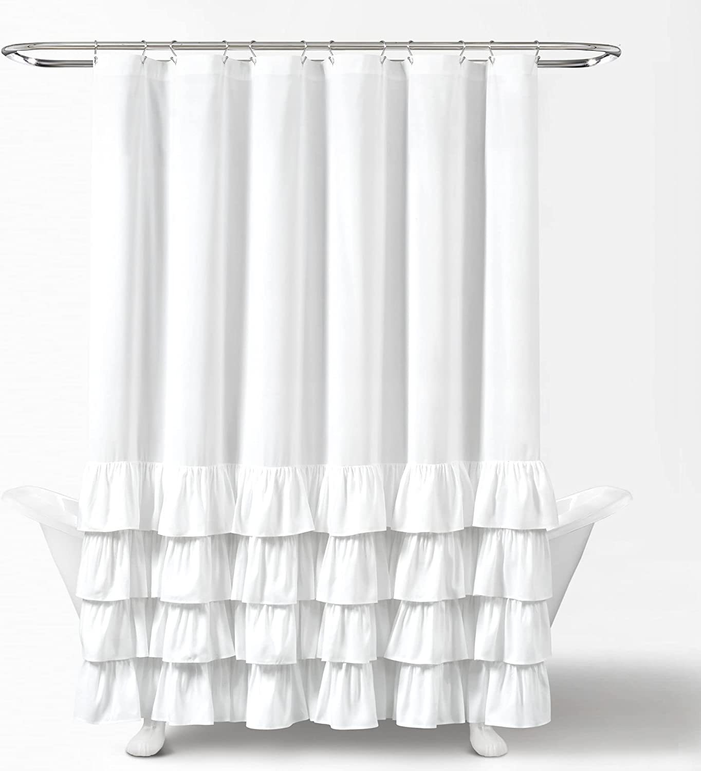 Amazon Hot Selling Waterproof Boho Farmhouse White Solid Color Custom Fabric Shower Curtains Spliced Ruffle Hem for Bathroom Decor
