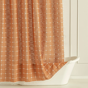 Hot Sale Boho Farmhouse Style Waterproof Plaid Jacquard Design Custom Fabric Shower Curtains with Tassels for Bathroom Decor