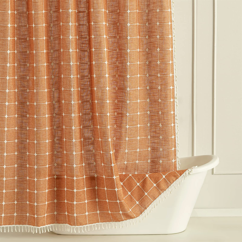 Hot Sale Boho Farmhouse Style Waterproof Plaid Jacquard Design Custom Fabric Shower Curtains with Tassels for Bathroom Decor