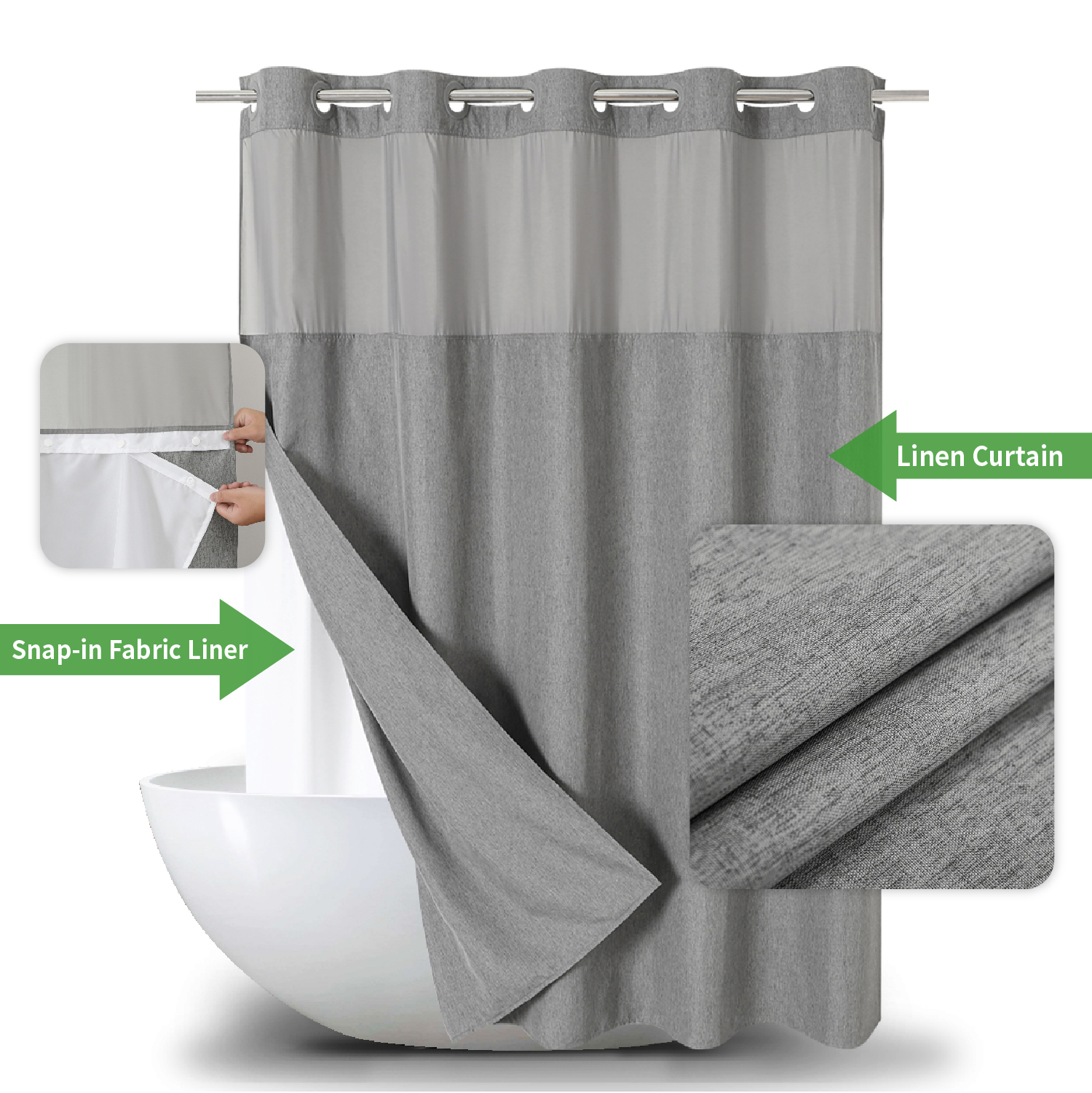 Uvan Hot Sale Luxury No Hook Required Hookless Waterproof Linen Texture Fabric Custom Shower Curtains with Sanp in Line for Bathroom Decor