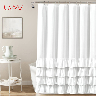 Amazon Hot Selling Waterproof Boho Farmhouse White Solid Color Custom Fabric Shower Curtains Spliced Ruffle Hem for Bathroom Decor