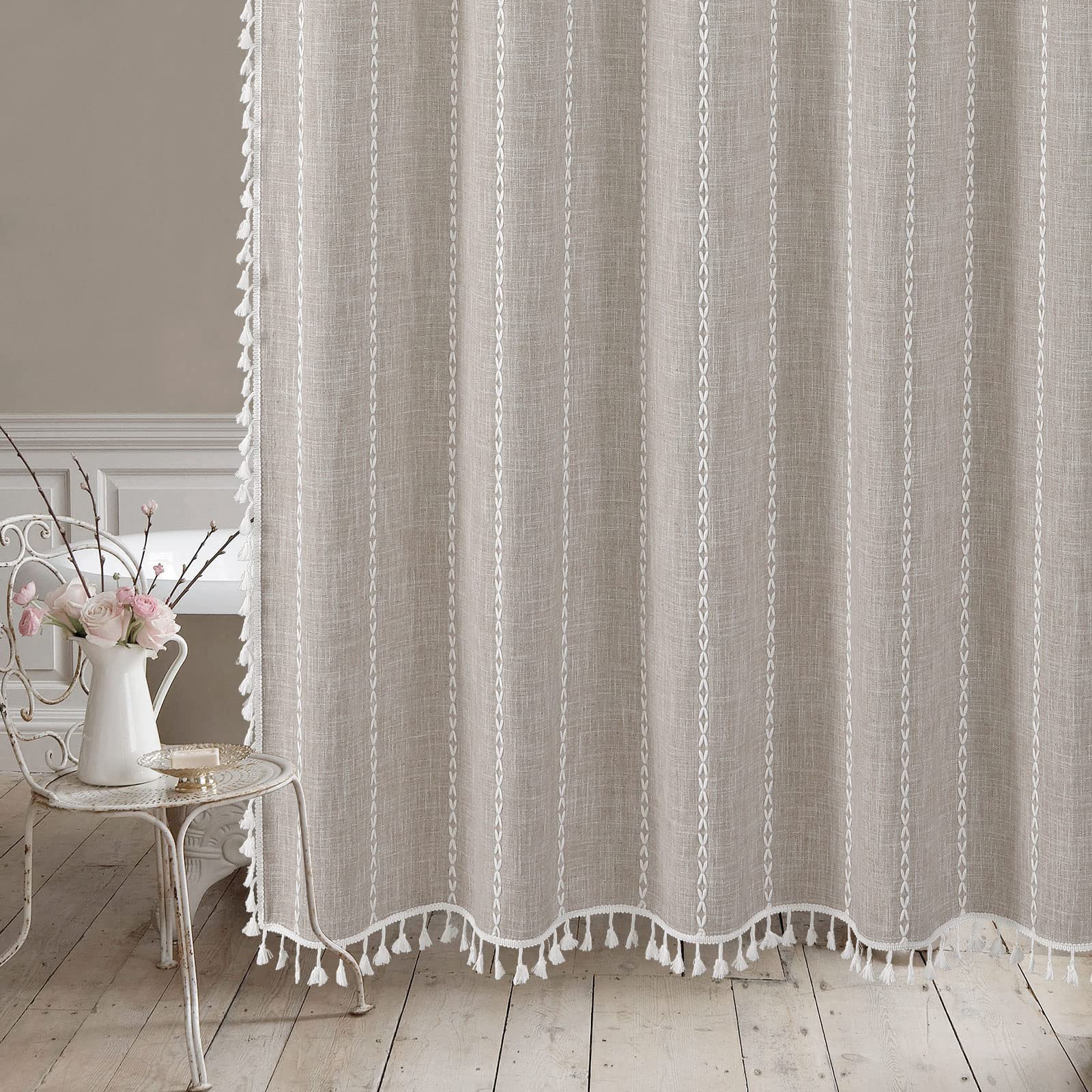 Bohemian Linen Striped Fabric Shower Curtain Set with Tassels Thick Shower Curtain for Bathroom Waterproof with Hook