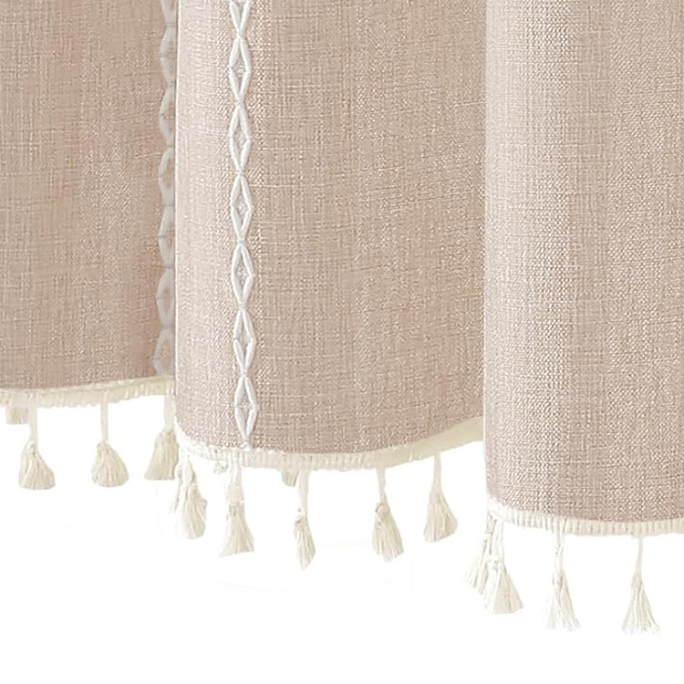 New Arrival Boho Farmhouse Style Waterproof Custom Fabric Shower Curtains Polyester Linen Striped Bathroom Curtain with Tassels