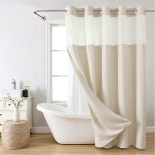 Minimalist Hookless Linen Hotel Shower Curtain with Inner Lining Cationic Linen Bathroom Curtain Set Waterproof