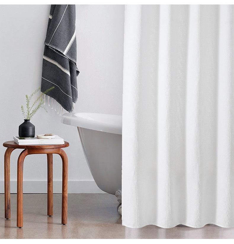 Luxury No Hook Needed Waffle Weave Fabric Shower Curtains Waterproof White Custom Hotel Double Layer Curtain for Bathroom with PP Ring 