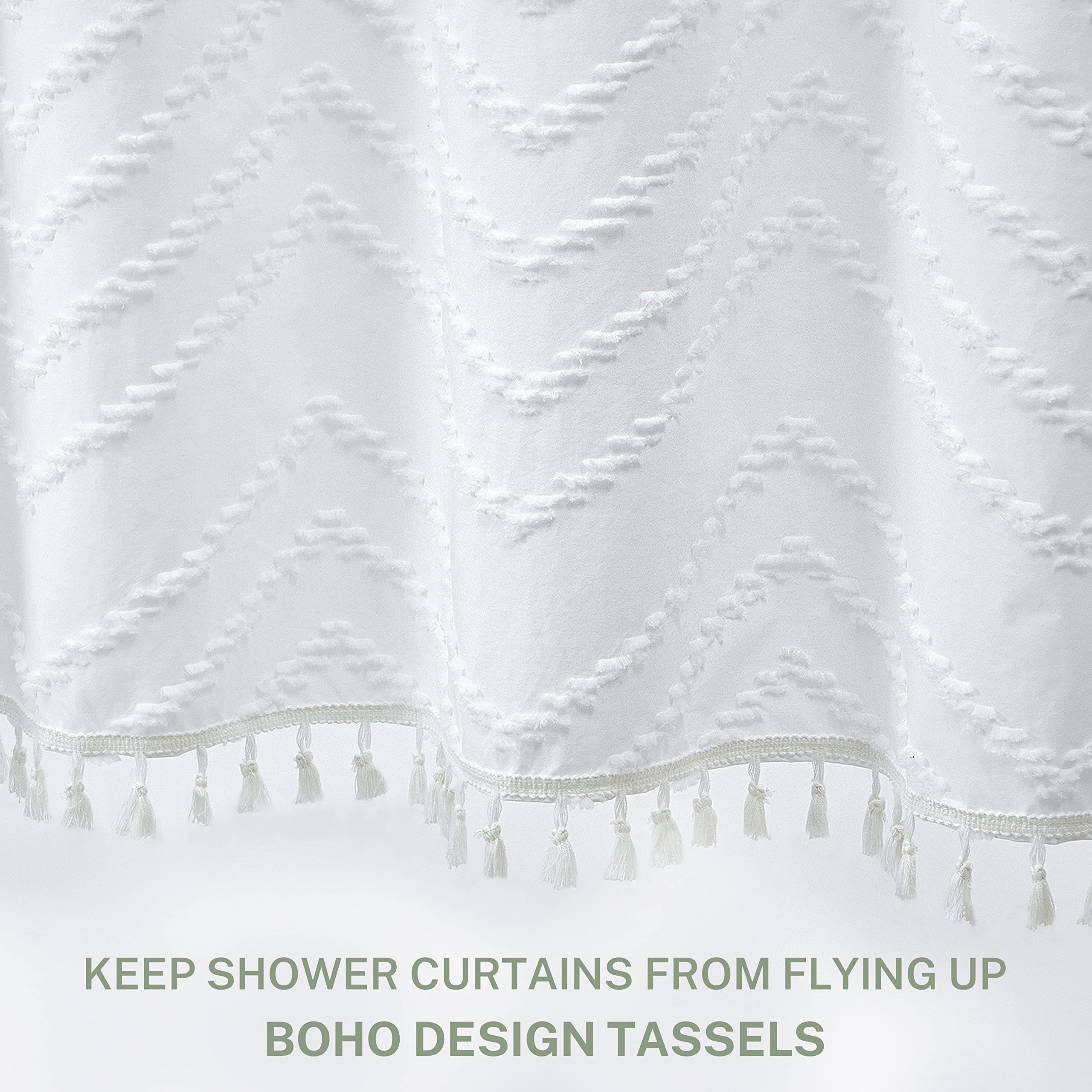 New Arrival Modern Boho Waterproof Chic Textured Woven Fabric Bath Curtains Tufted Chevron Striped Shower Curtains with Tassel for Bathroom