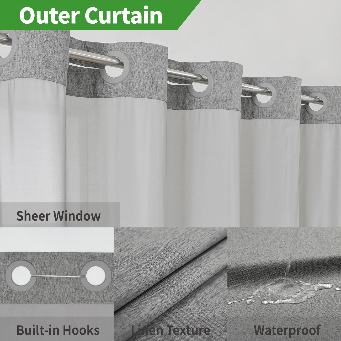 Uvan Hot Sale Luxury No Hook Required Hookless Waterproof Linen Texture Fabric Custom Shower Curtains with Sanp in Line for Bathroom Decor