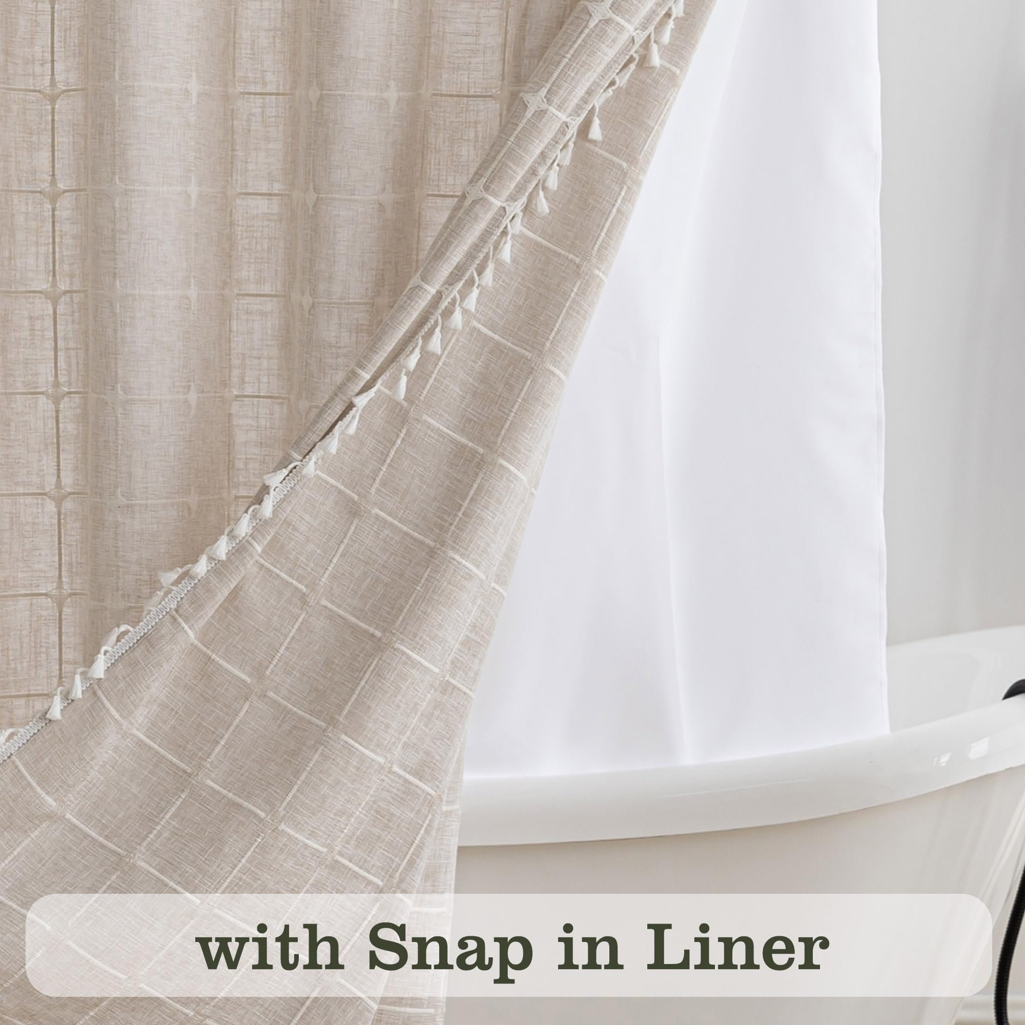 Modern Farmhouse Waterproof Hookless Boho Linen Fabric Checked Shower Curtain with Tassels