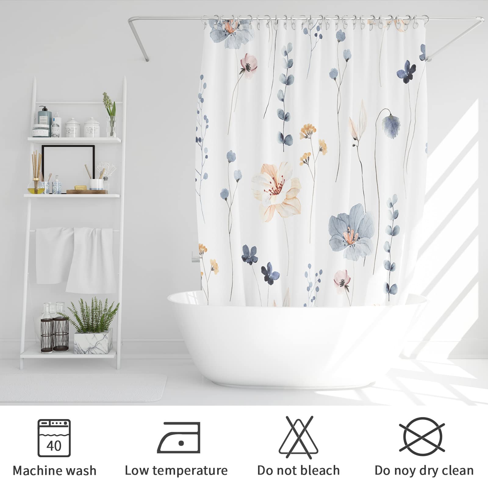 Flower Shower Curtain Modern Minimalist Watercolor Floral Bathroom Shower Curtain Set Waterproof with Hooks