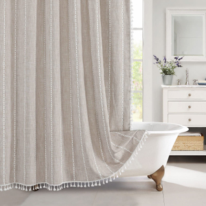 New Arrival Boho Farmhouse Style Waterproof Custom Fabric Shower Curtains Polyester Linen Striped Bathroom Curtain with Tassels