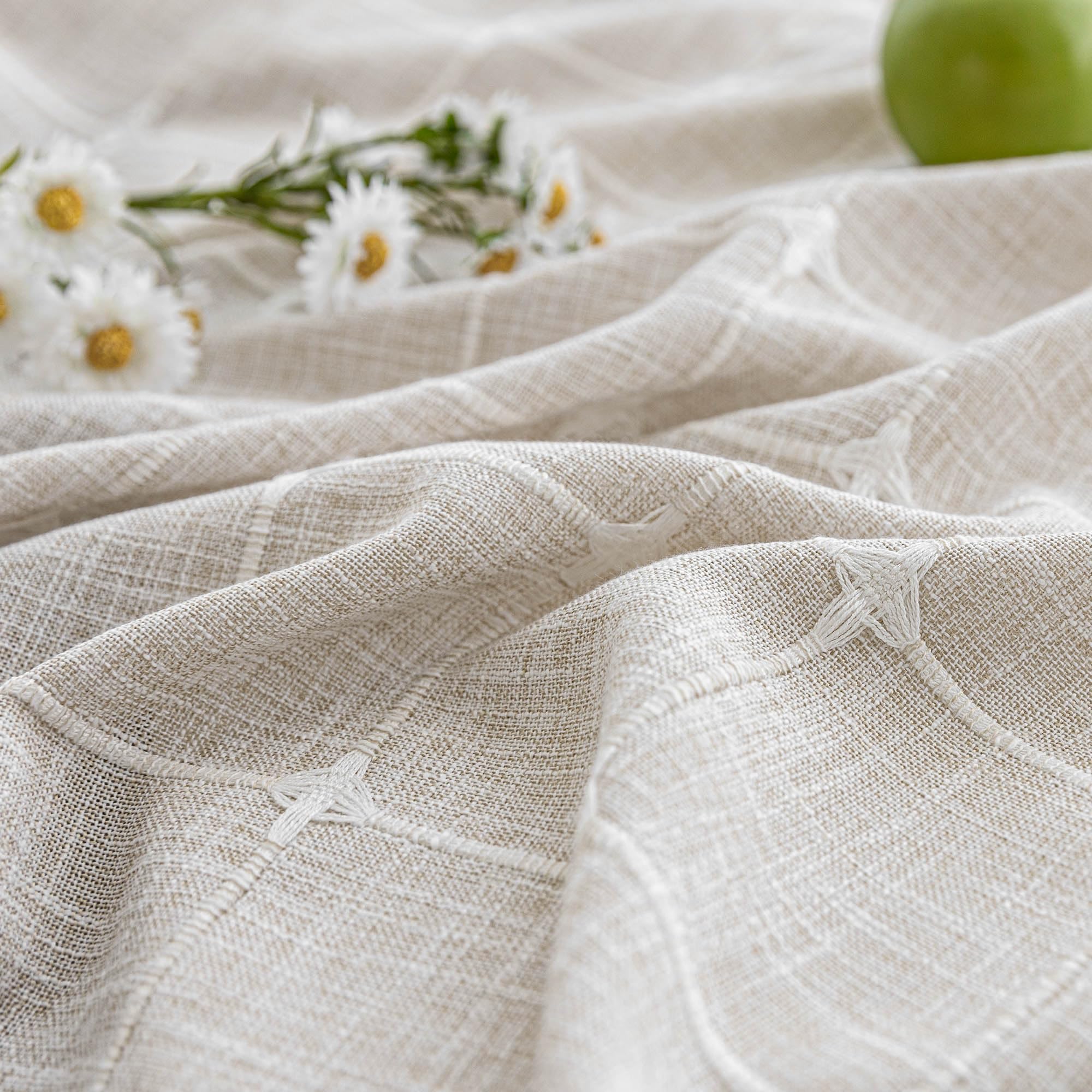 Modern Farmhouse Waterproof Hookless Boho Linen Fabric Checked Shower Curtain with Tassels