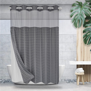 Luxury No Hook Needed Check Design Dyeing Fabric Bathroom Curtains Waterproof Solid Color Jacquard Hookless Shower Curtain with Snap in Liner 