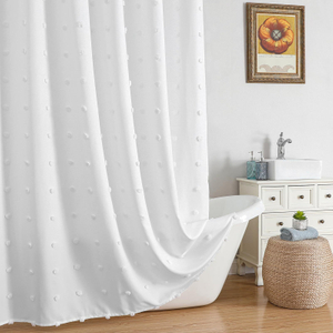 Boho Farmhouse Style Beige Tufted Pleat Floral Puffs Textured Bath Curtains Soild Color Waterproof Custom Fabric Cute Shower Curtain for Bathroom Decor