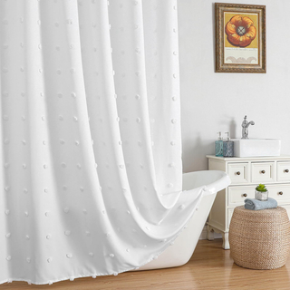 Boho Farmhouse Style Beige Tufted Pleat Floral Puffs Textured Bath Curtains Soild Color Waterproof Custom Fabric Cute Shower Curtain for Bathroom Decor