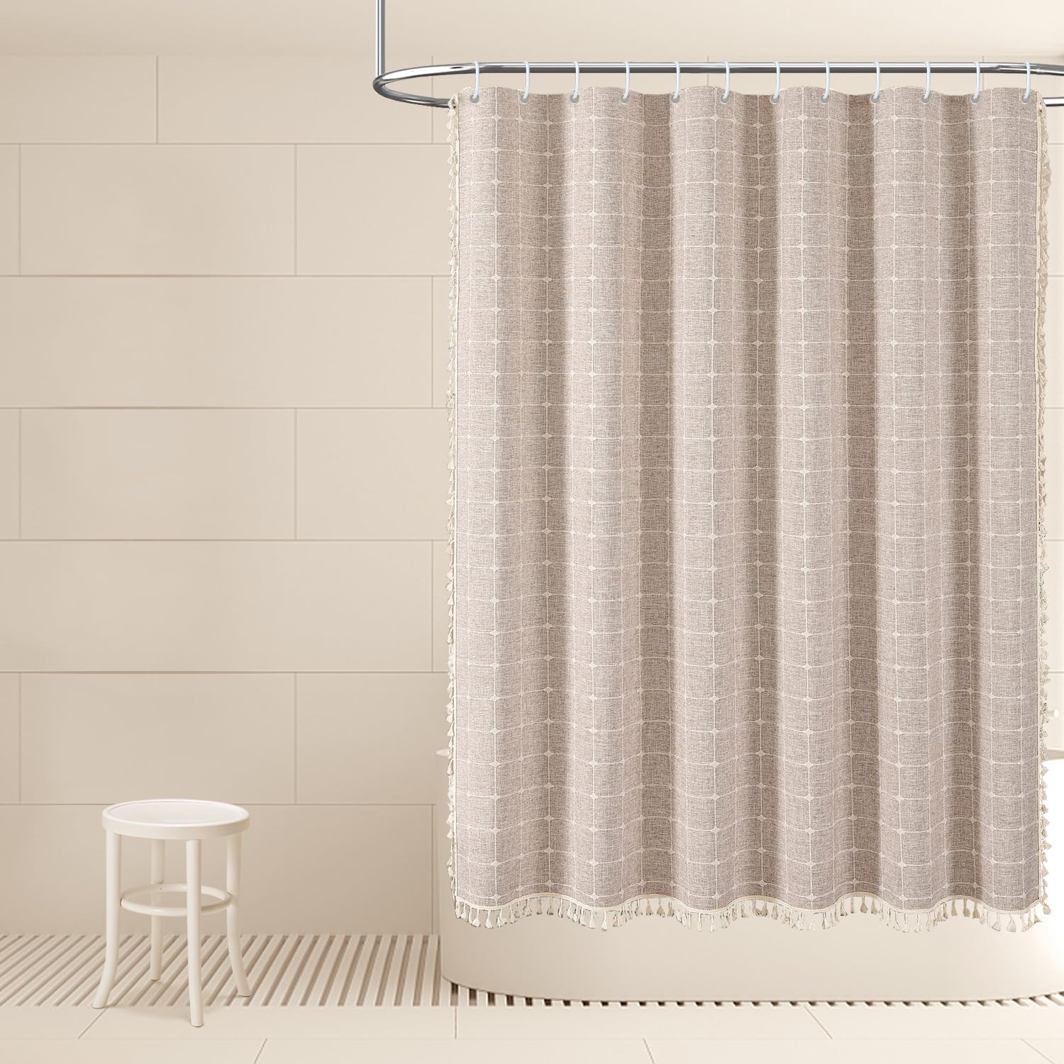 Modern Boho Farmhouse Style Chic Texture Heavy Duty Linen Fabric Shower Curtains Waterproof and Mold Proof Design Custom Bath Curtain with Tassel