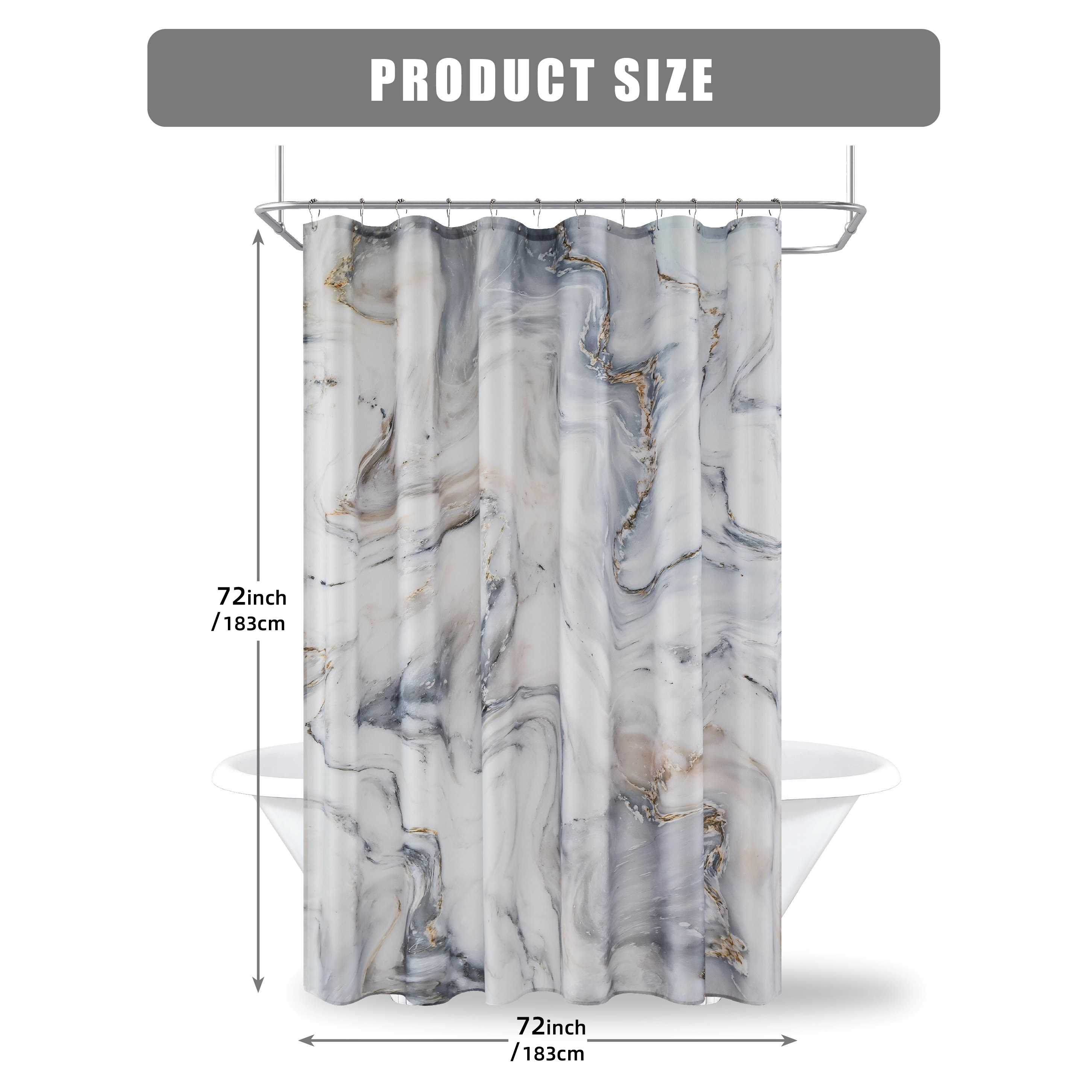 Hot Sale Designer 100polyester Digital Printing Gray Gold Marble Shower Curtain Printed Waterproof with Hooks