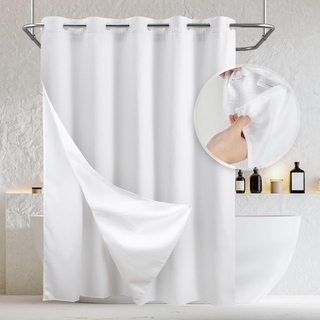 Luxury No Hook Needed Waffle Weave Fabric Shower Curtains Waterproof White Custom Hotel Double Layer Curtain for Bathroom with PP Ring 