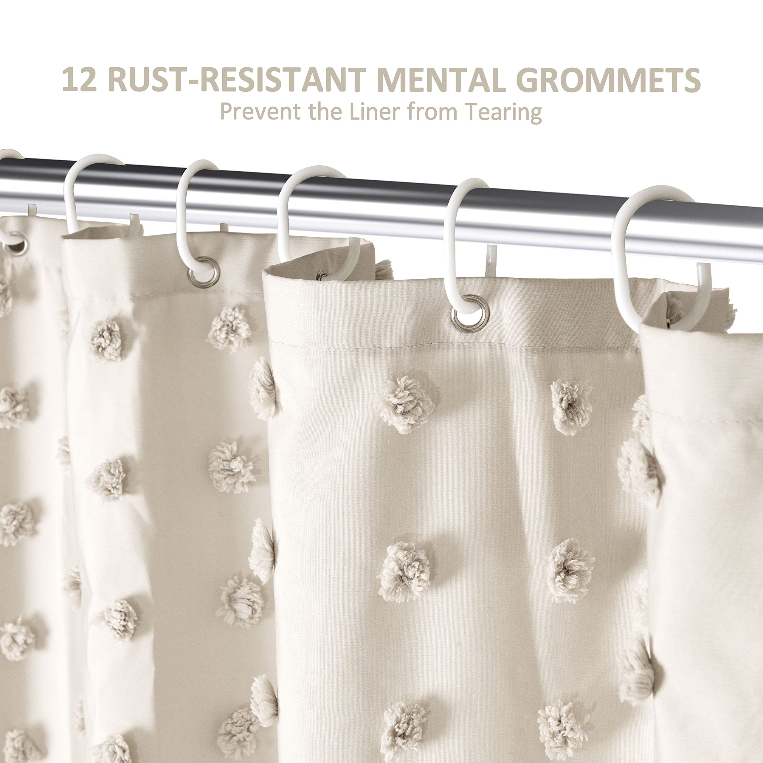 Modern Farmhouse Minimalist Beige Tufted Pleated Floral Puff Texture Woven Fabric Cute Shower Curtains for Bathroom
