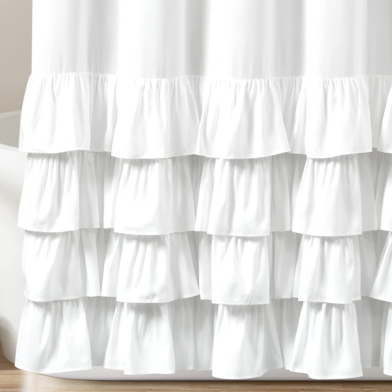Amazon Hot Selling Waterproof Boho Farmhouse White Solid Color Custom Fabric Shower Curtains Spliced Ruffle Hem for Bathroom Decor