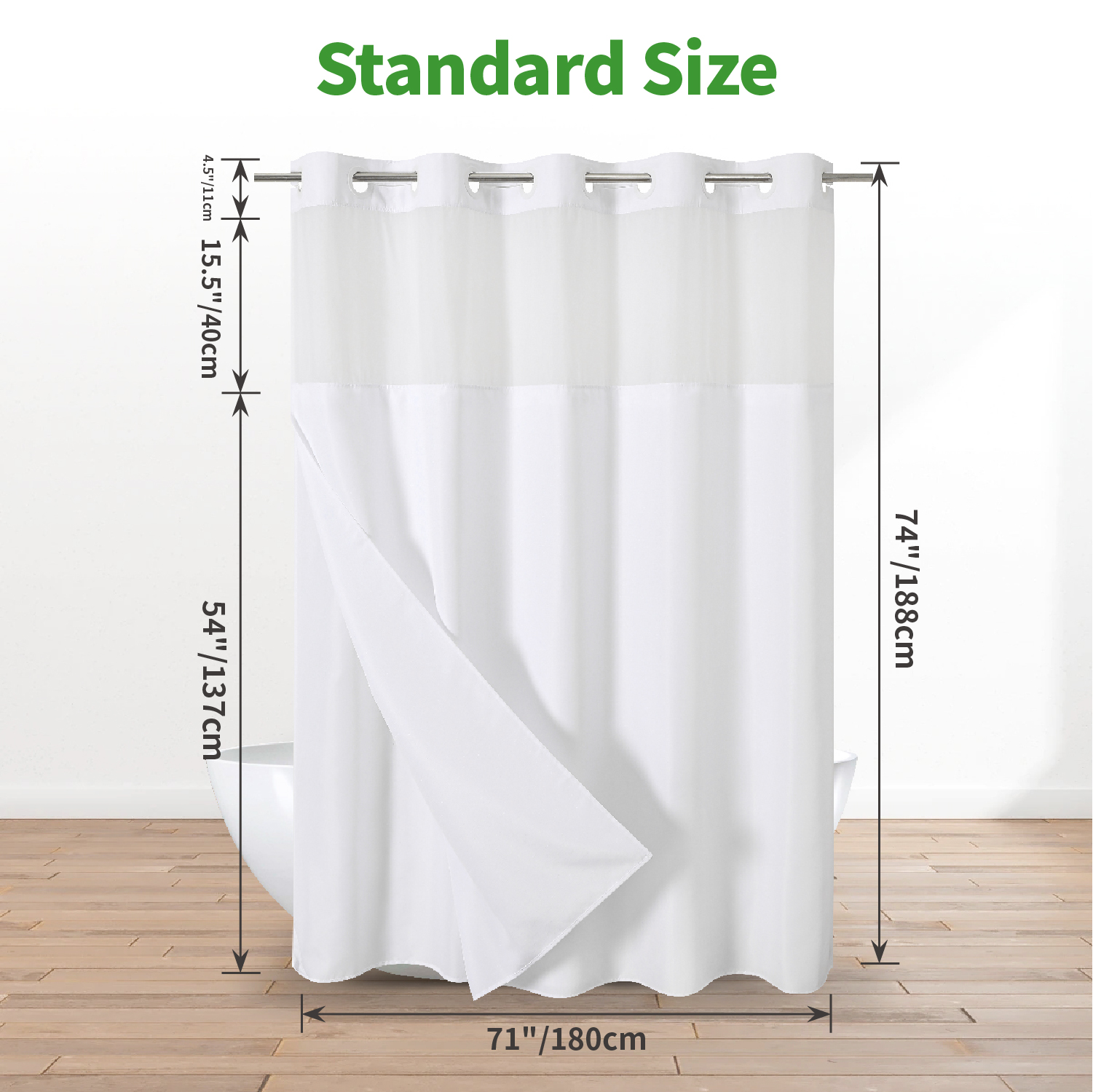 Hookless Bamboo Textured Shower Curtain with Embedded PEVA Lining Set with Transparent Window Waterproof Hotel Shower Curtain